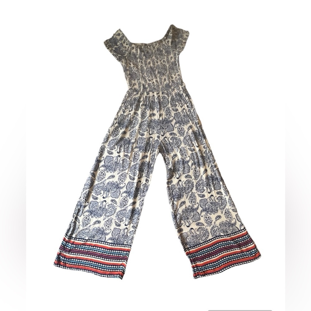Womens Blue & White Printed Wide-Leg Jumpsuit